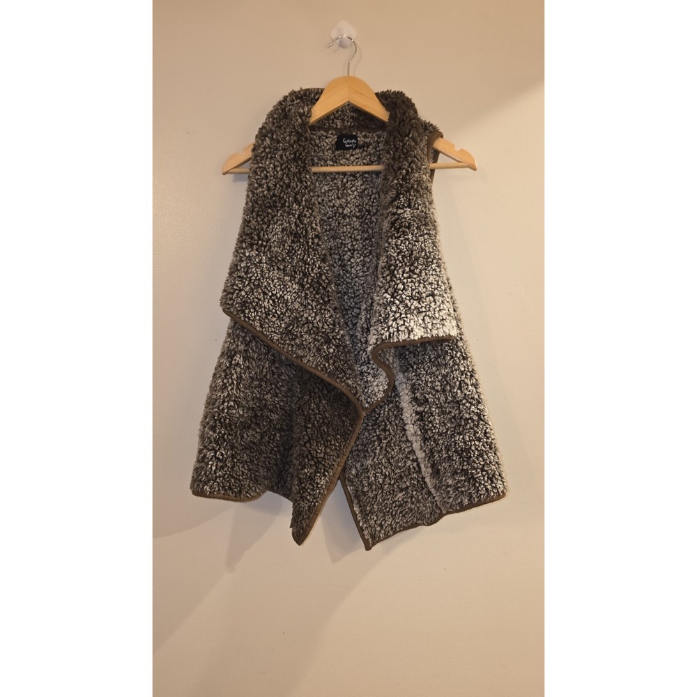 Fantastic Fawn Sherpa Fleece Vest Sz L Brown Heathered Waterfall Drape Open Boho